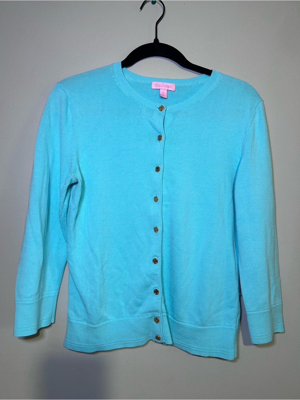 Lilly Pulitzer Aqua Blue Cotton Cardigan Sweater Gold Logo Buttons Medium M